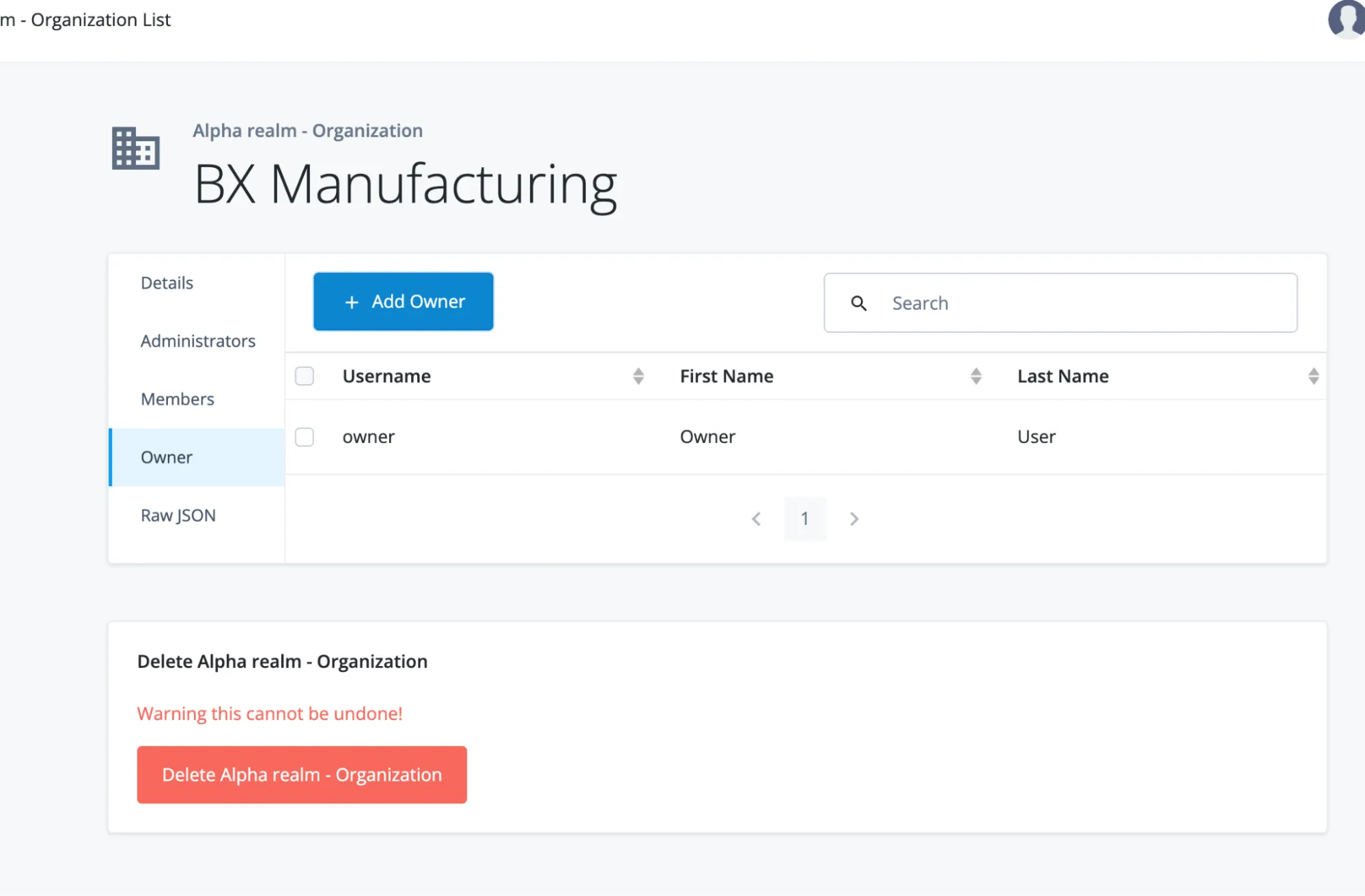 A screenshot of the BX Manufacturing Org with the "owner" user assigned as owner