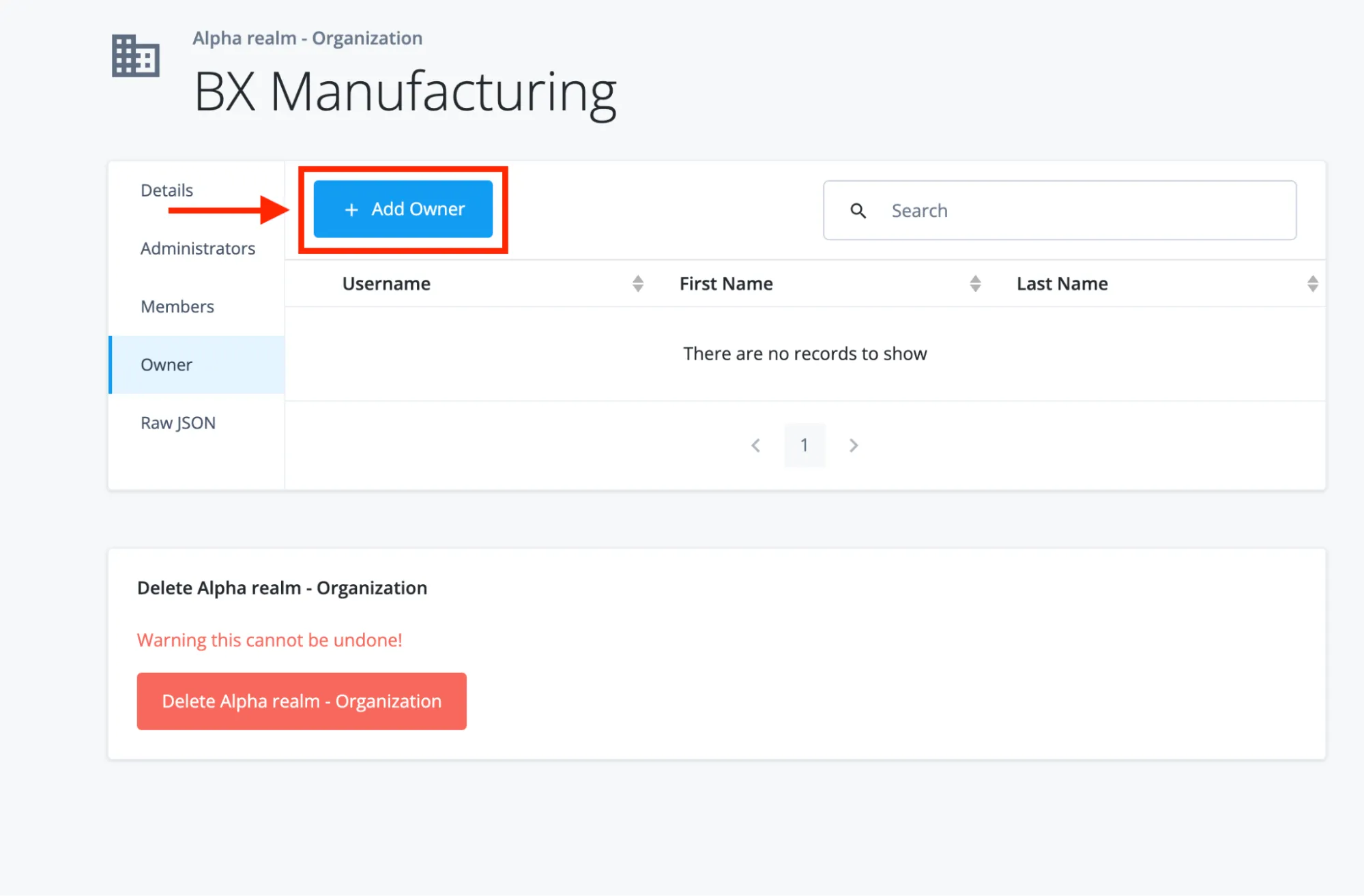 A screenshot of the BX Manufacturing Org with the Add Owner button highlighted