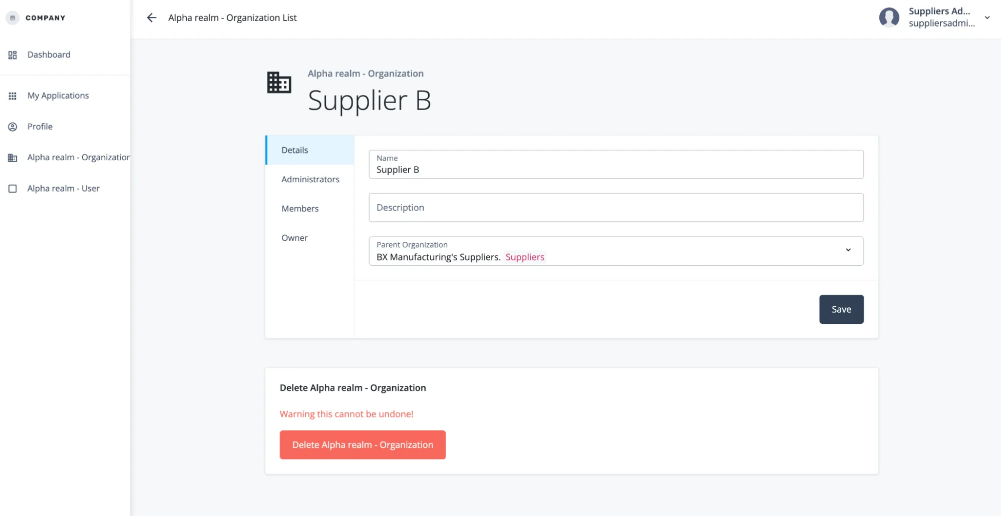A screenshot of the administrator's view of Supplier B in which the org has been assigned