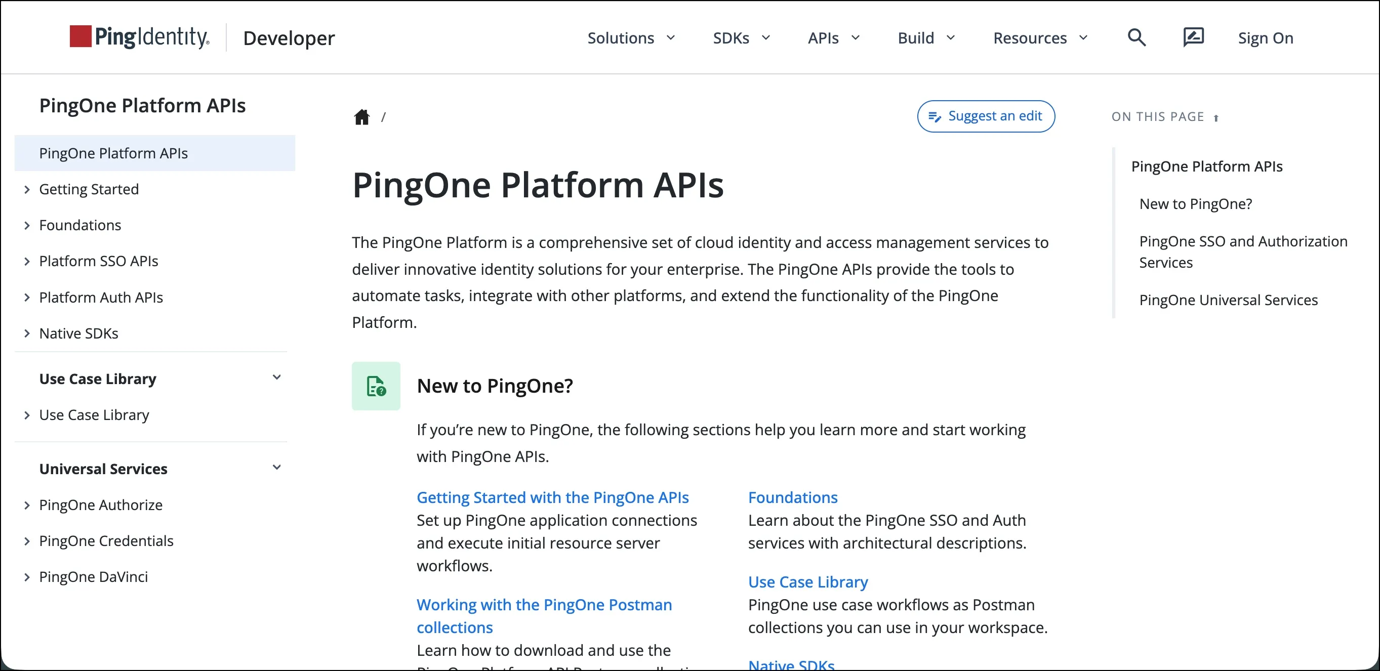 The PingOne API documentation home page