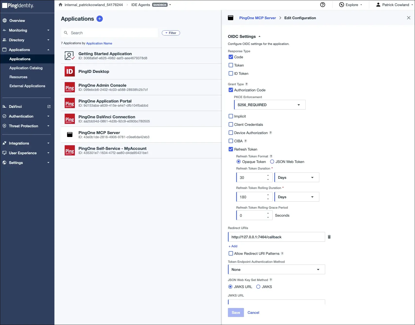 Example application configuration in the PingOne console