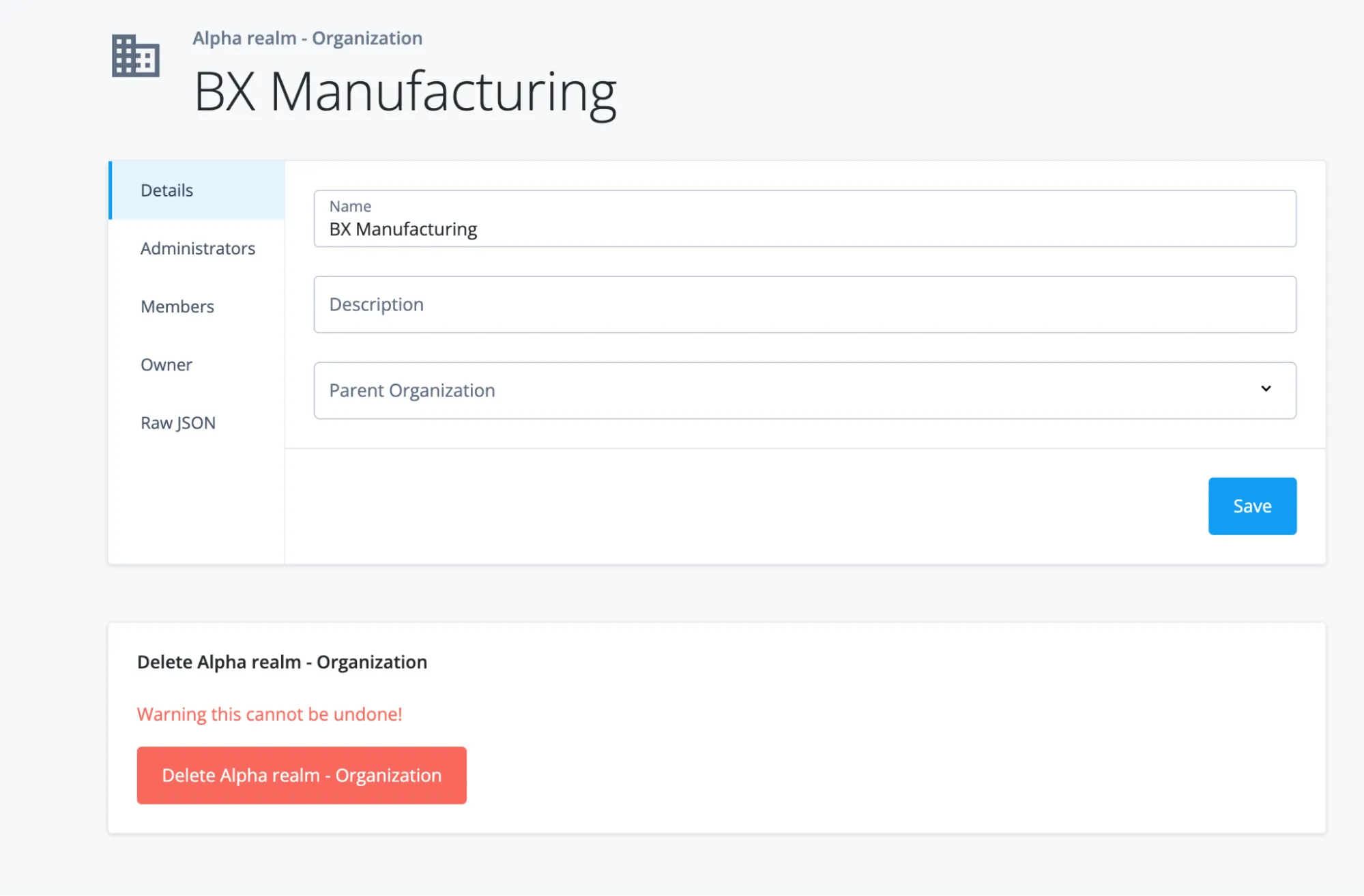 A screenshot of the managed identities page in which the new org BX Manufacturing is selected and created