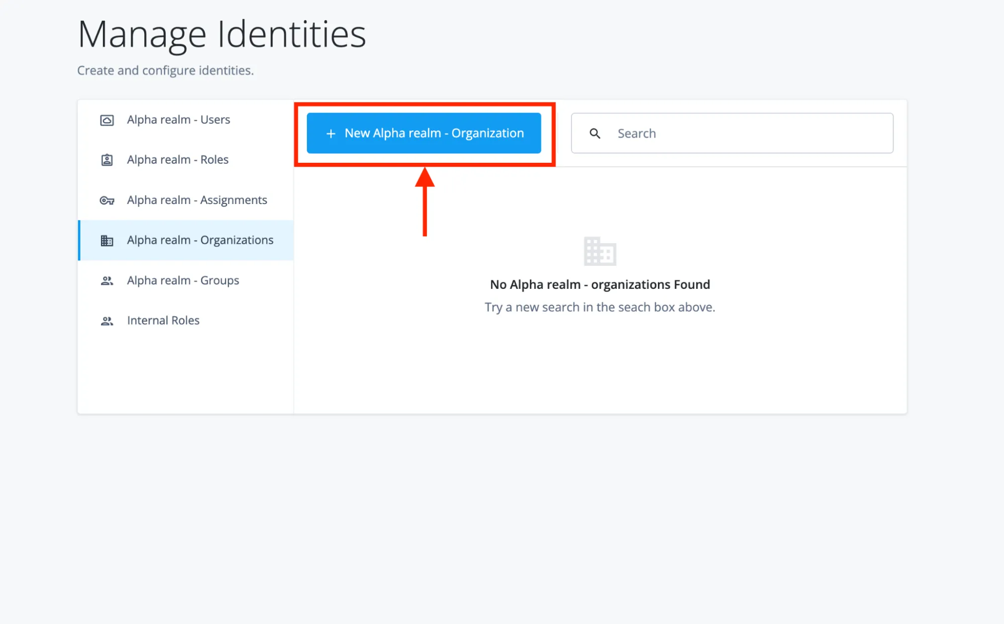 A screenshot of the managed identities page in which the new organization button is highlighted