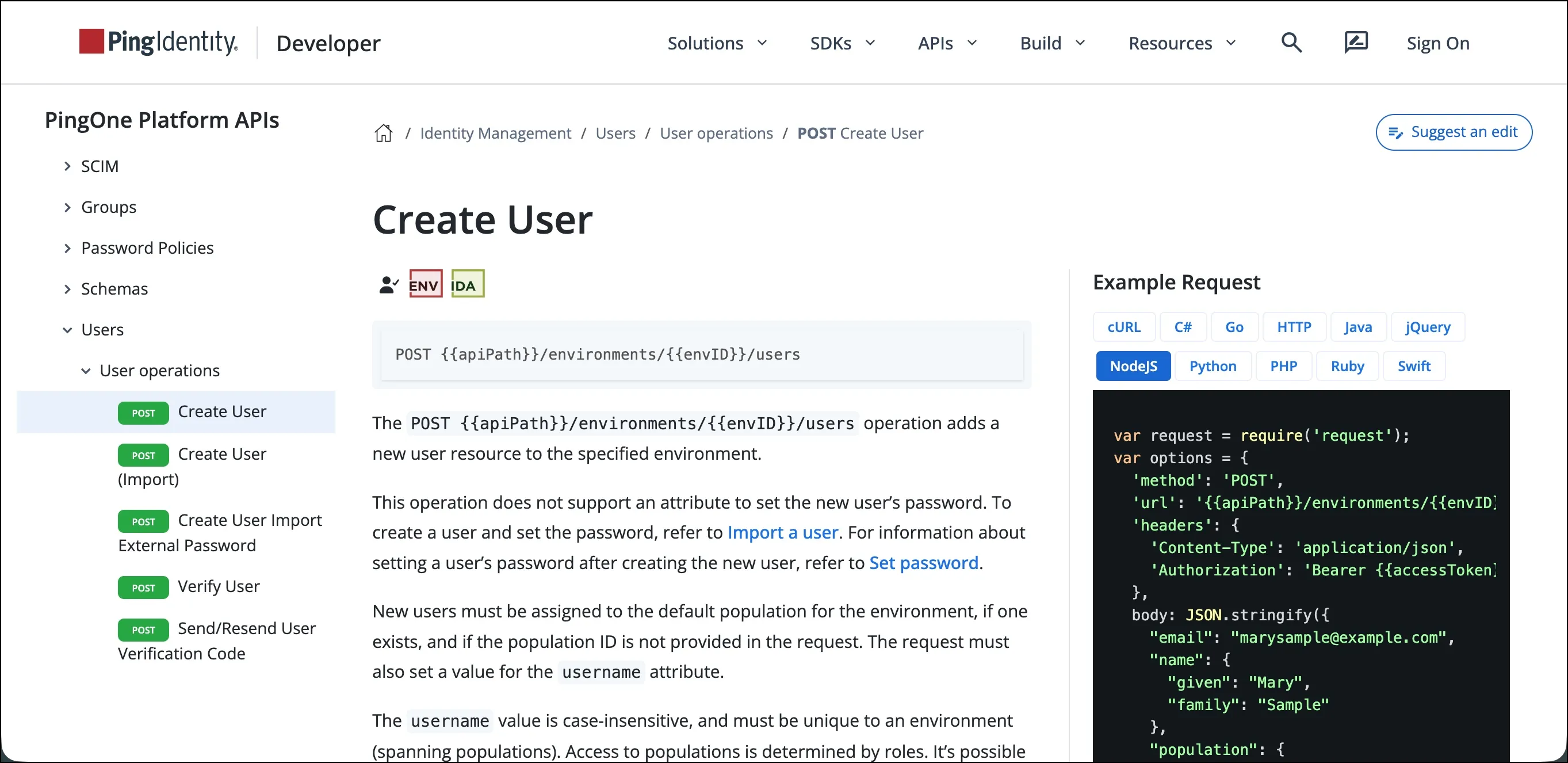 Create User API end point example page