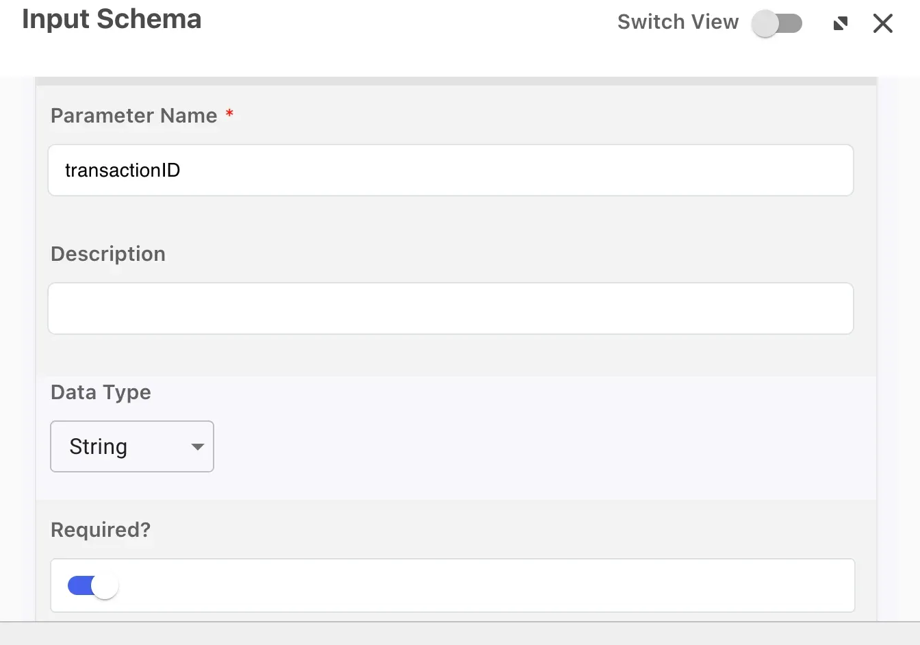 A screenshot of the DaVinci console showing a filled input schema parameter form. "transactionID" is the parameter name, the data type is "String" and "Required" is checked.