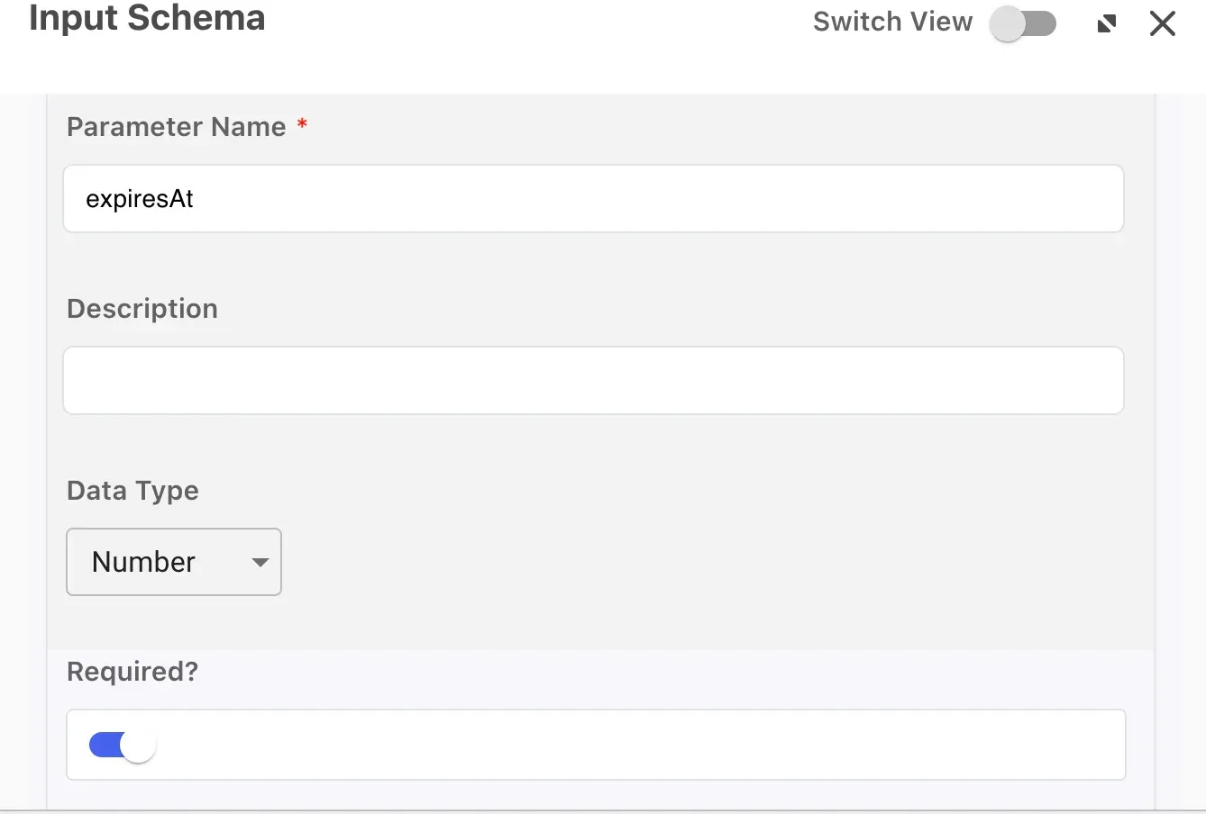 A screenshot of the DaVinci console showing a filled input schema paramater form. "expiresAt" is set as the parameter name, the data type is "Number" and "Required" is checked.