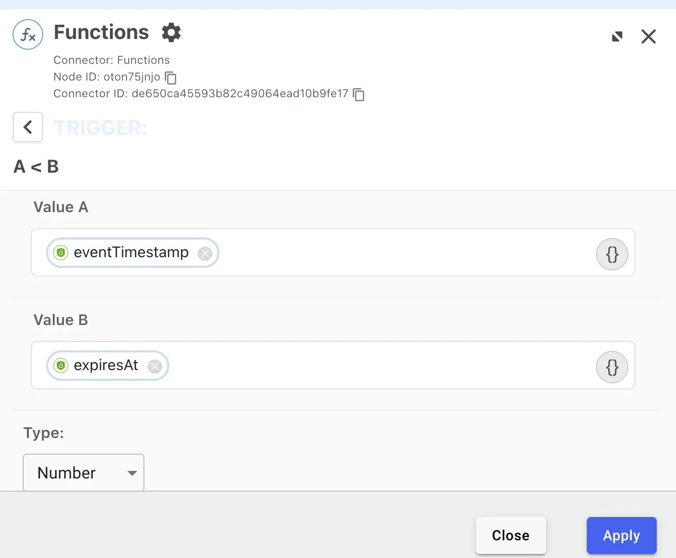 A screenshot of the DaVinci console showing a filled Functions connector node form, for the "A < B" trigger. "eventTimestamp" is set as "Value A", "expiresAt" is set as "Value B".