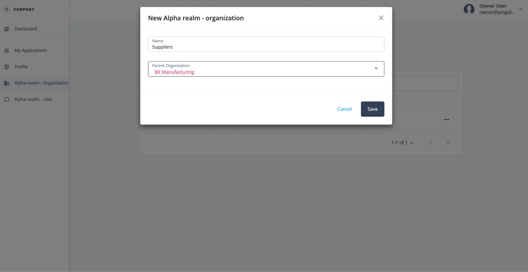 A screenshot of the owner entering the name "Suppliers" and associating it to the parent "BX Manufacturing"