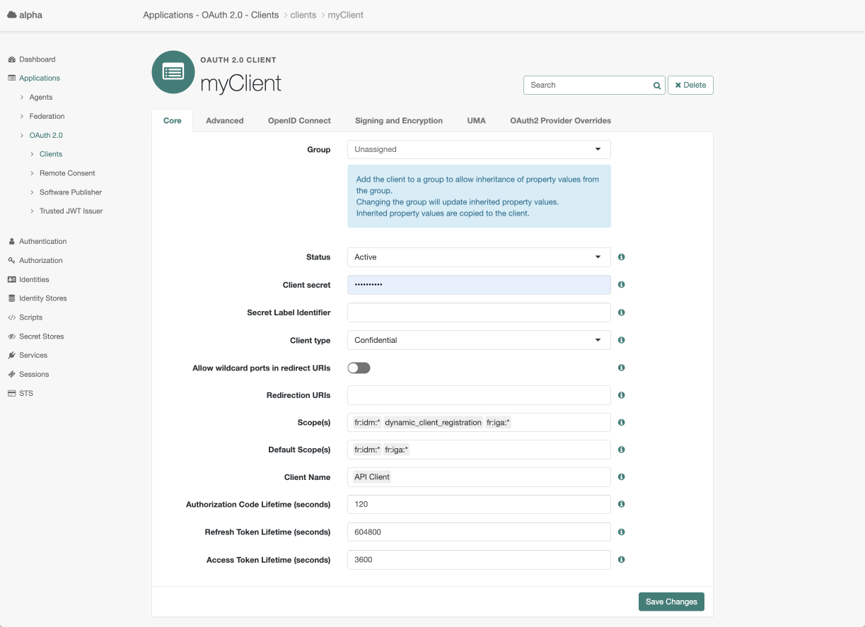 View the new client application in the admin UI