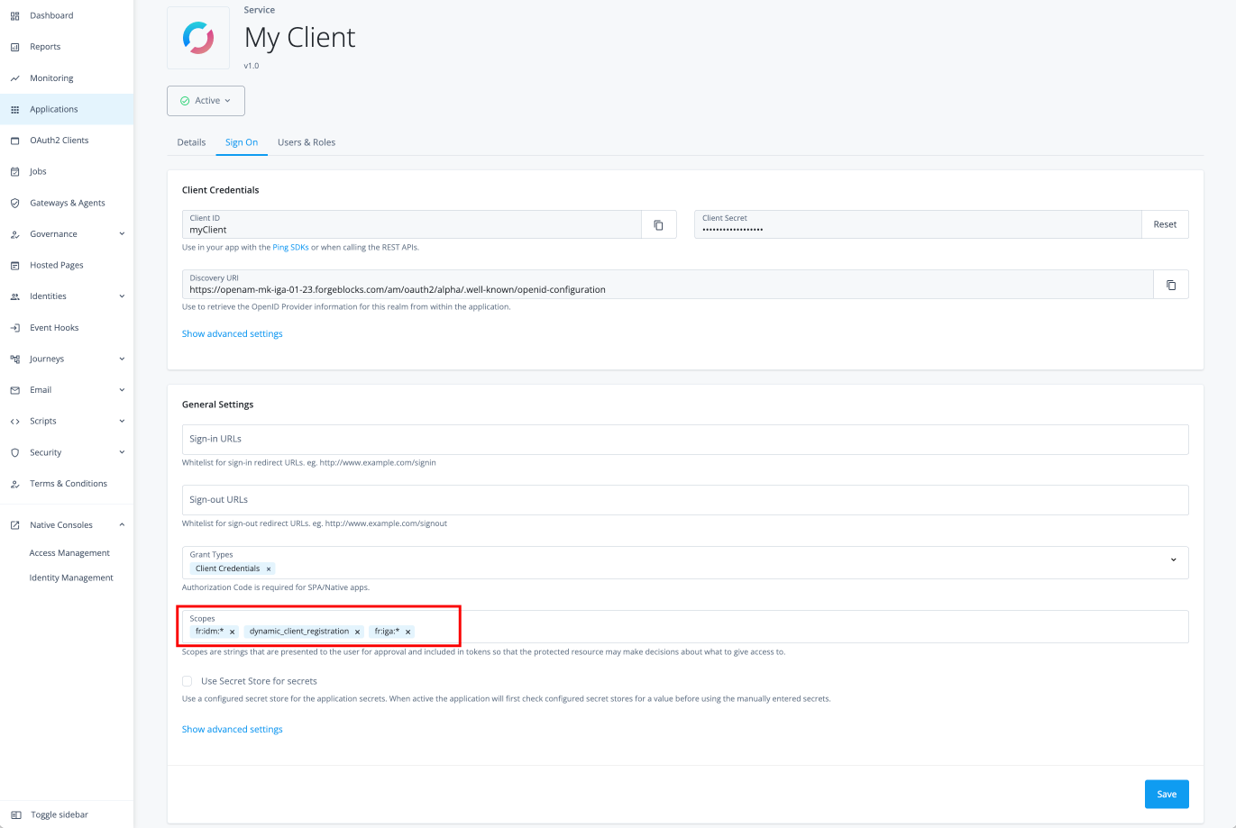 View client credentials in the admin UI
