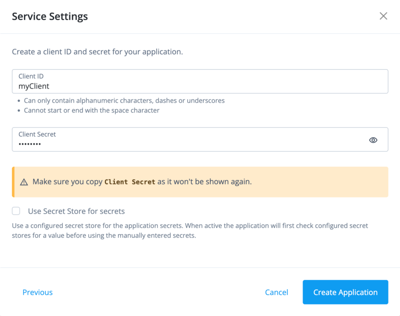 Enter service application settings in the admin UI